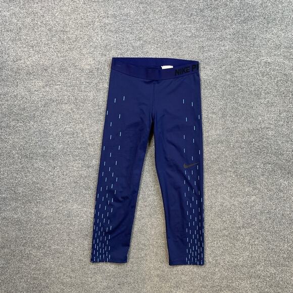 Nike Leggings Womens M Medium Navy Dri Fit Pro Linear Rain Pull On Stretch Capri - Picture 2 of 9